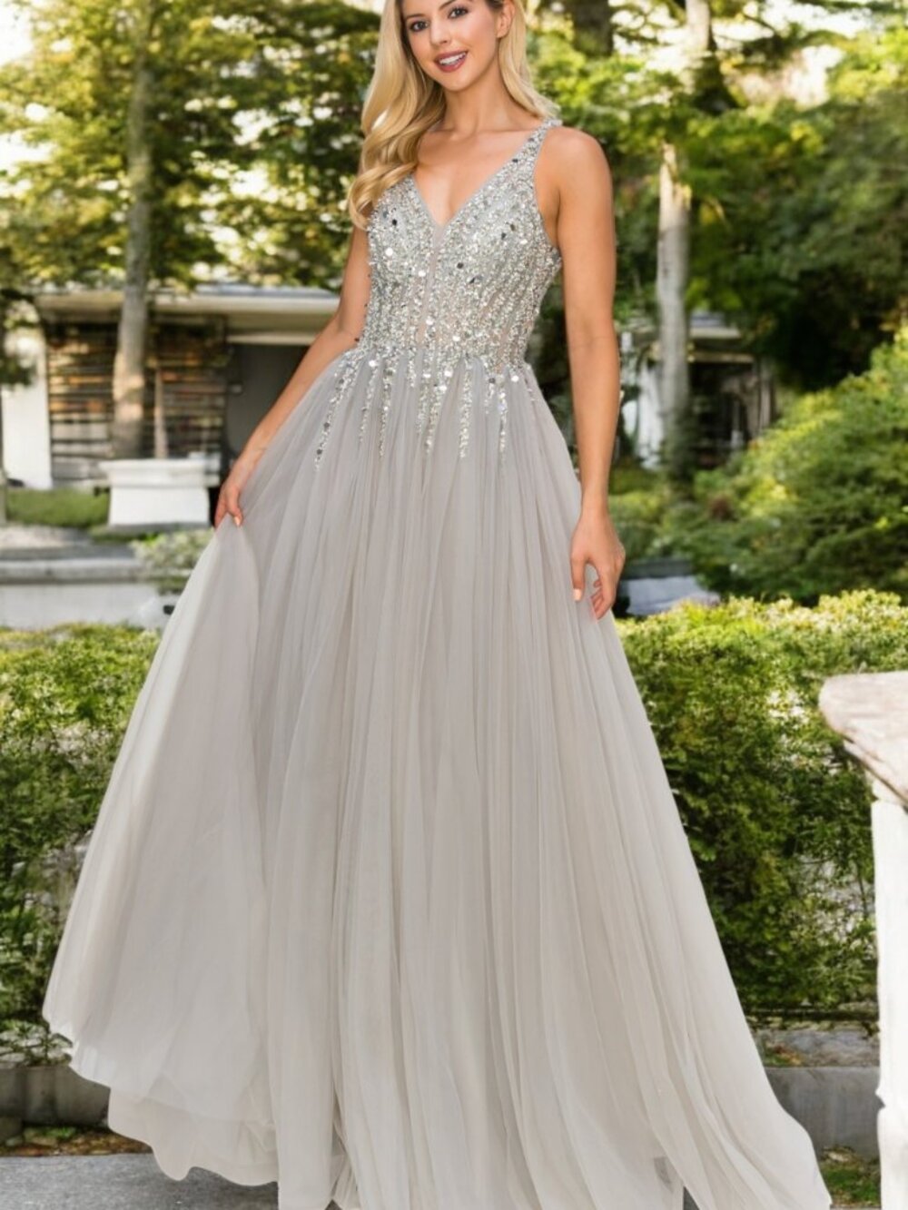 NEW SILVER Tulle & Lace Evening Gown Floor Length Formal Elegant 8034J